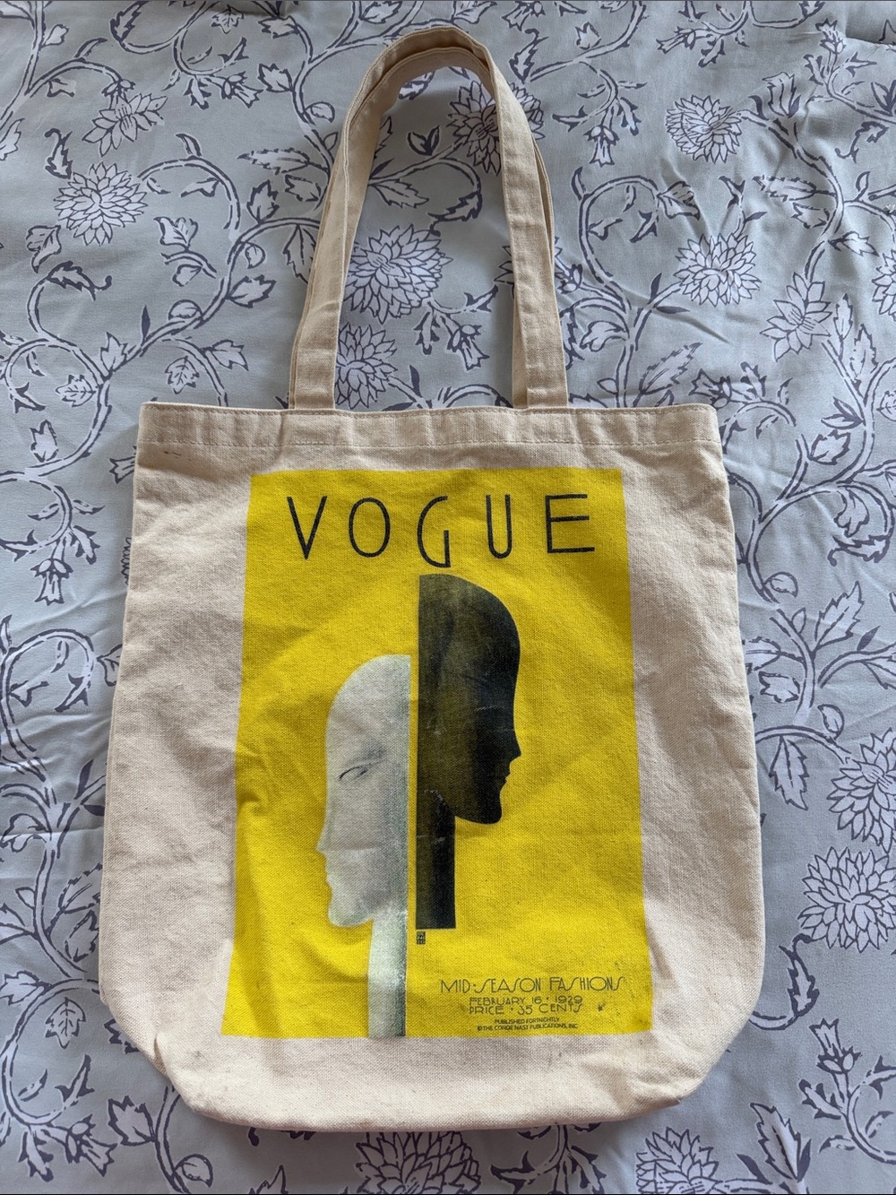 Vogue Cream Canvas Tote with Yellow Graphic and Black Silhouette